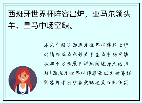 西班牙世界杯阵容出炉，亚马尔领头羊，皇马中场空缺。